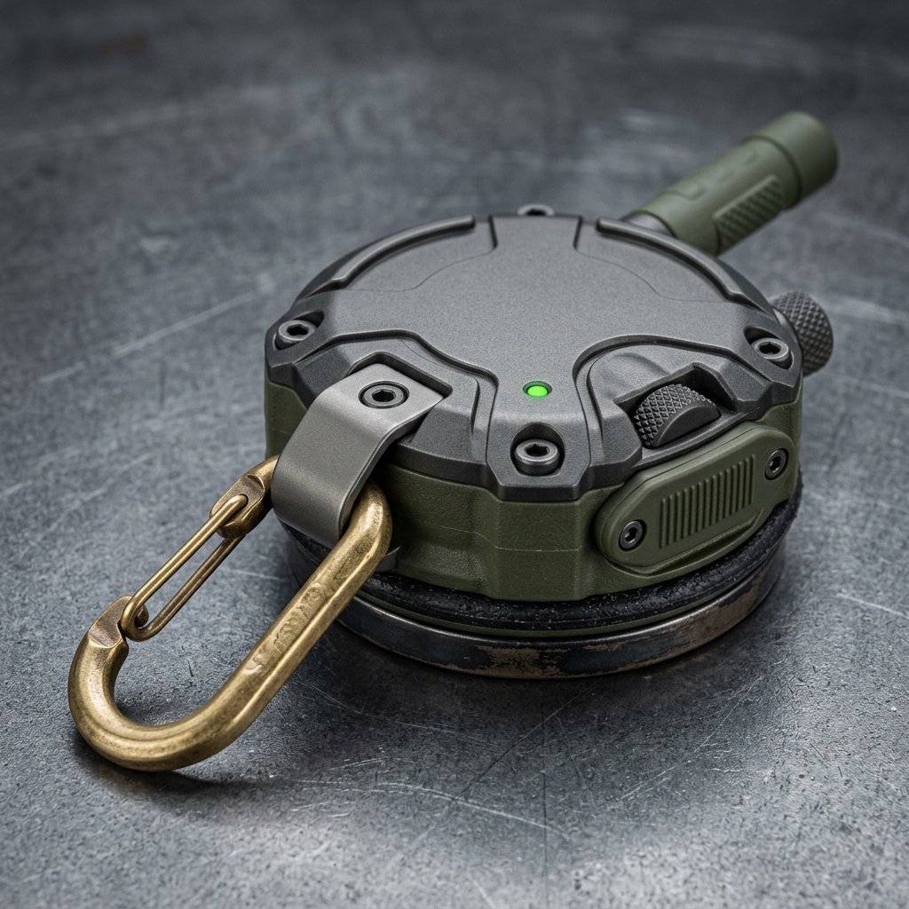 The BushLink puck: an olive and gunmetal disc with a brass carabiner, a small green light and a stubby antenna, resting on slate
