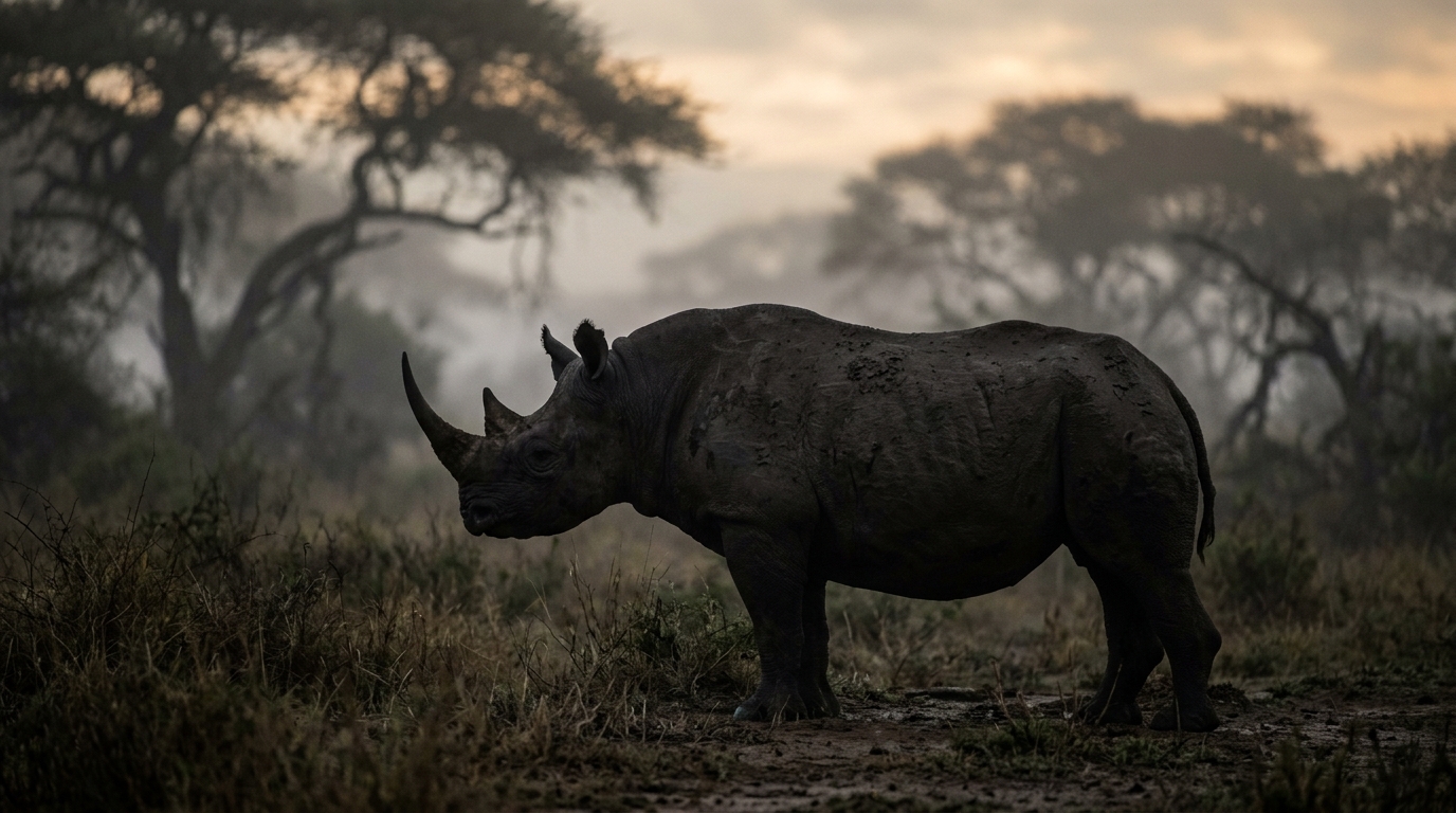 A black rhino in the dawn mist